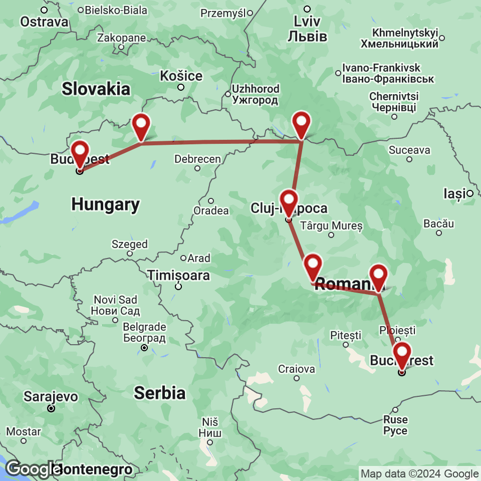 Route for Budapest, Eger, Sighetu Marmatiei, Cluj, Sibiu, Brasov, Bucharest tour